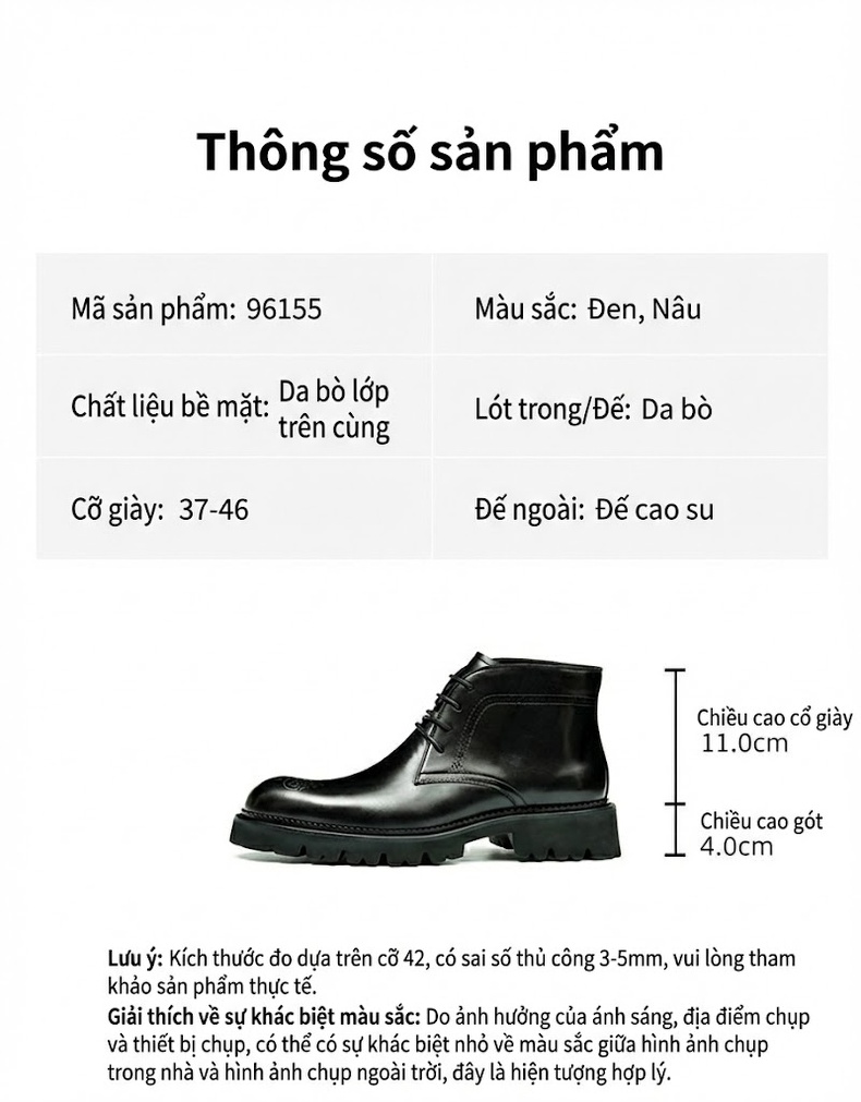 Giày Martin Nam Da Thật Cao Cổ Phong Cách Anh Chiều Cao Đế Khoảng 5cm Màu Đen, Nâu chi tiết 2