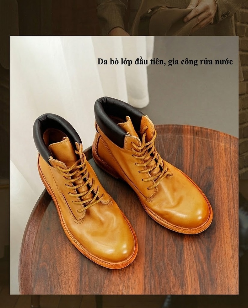 Giày Martin Nam Da Thật Cổ Cao Chiều Cao Đế Khoảng 3cm Màu Vàng Bò chi tiết 3