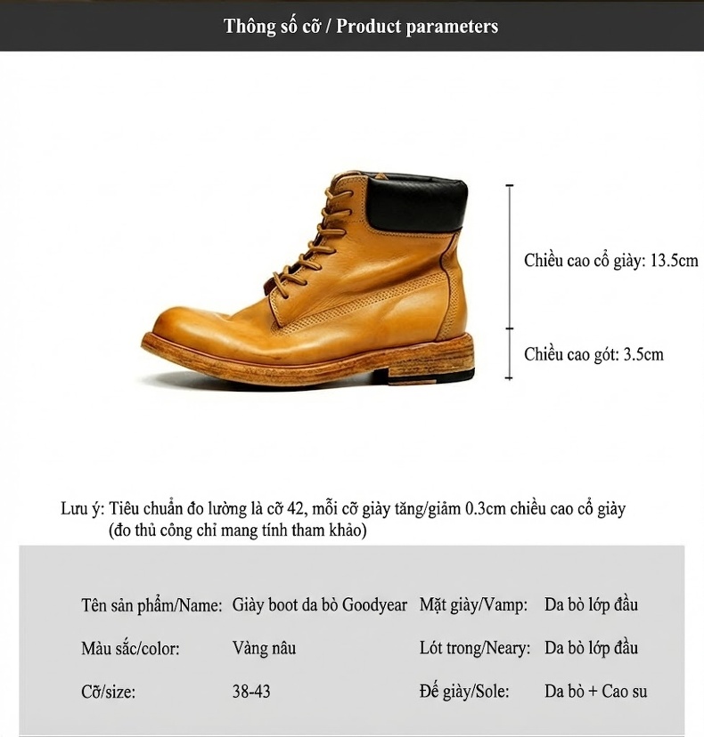 Giày Martin Nam Da Thật Cổ Cao Chiều Cao Đế Khoảng 3cm Màu Vàng Bò chi tiết 4