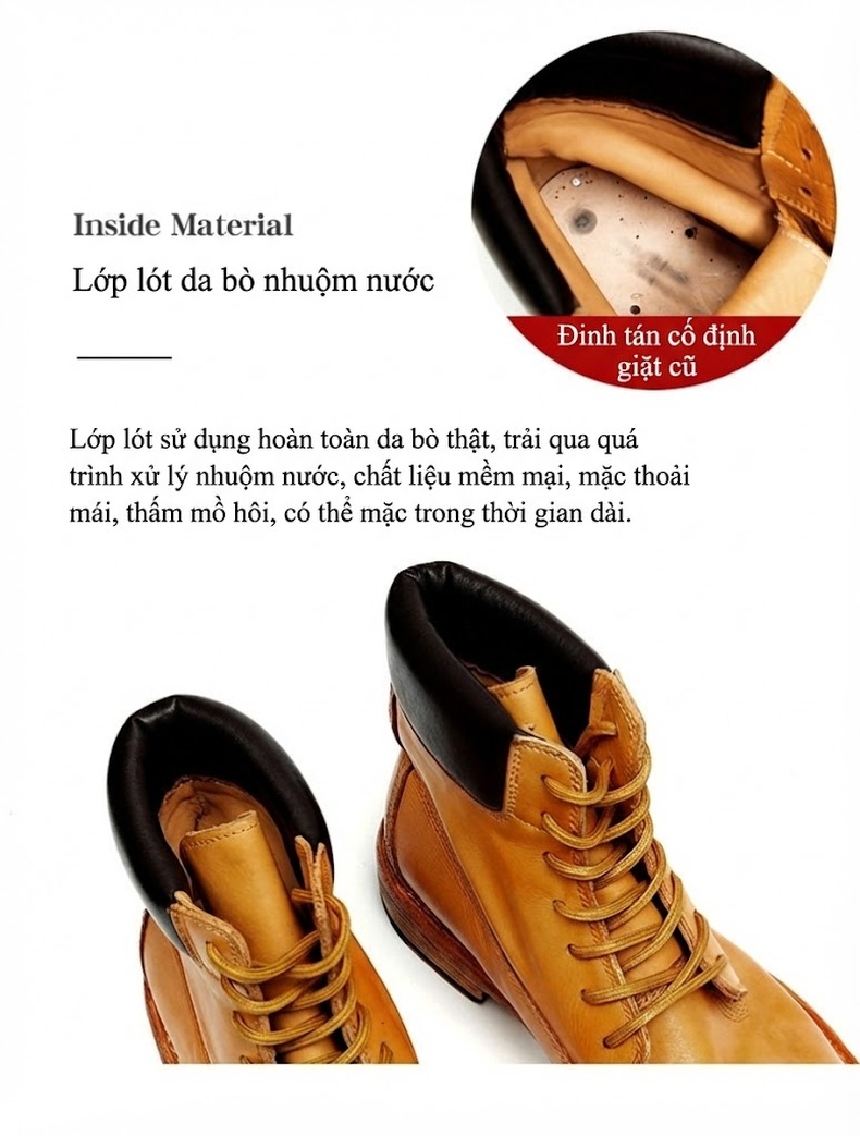 Giày Martin Nam Da Thật Cổ Cao Chiều Cao Đế Khoảng 3cm Màu Vàng Bò chi tiết 9
