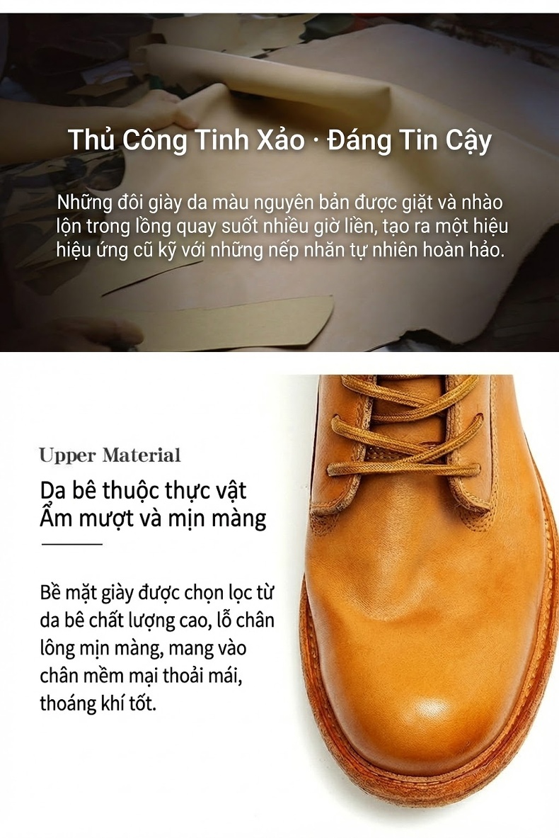 Giày Martin Nam Da Thật Cổ Cao Chiều Cao Đế Khoảng 3cm Màu Vàng Bò chi tiết 8