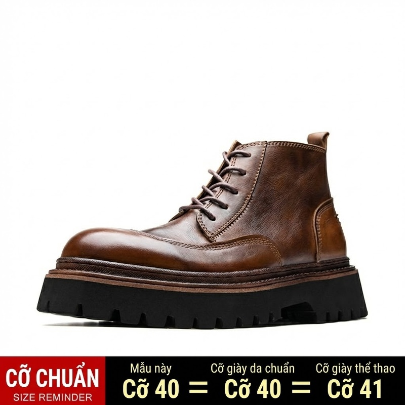 Giày Martin Nam Da Thật Cổ Cao Đế Dày Khoảng 5cm Phong Cách Anh Quốc Màu Đen, Nâu