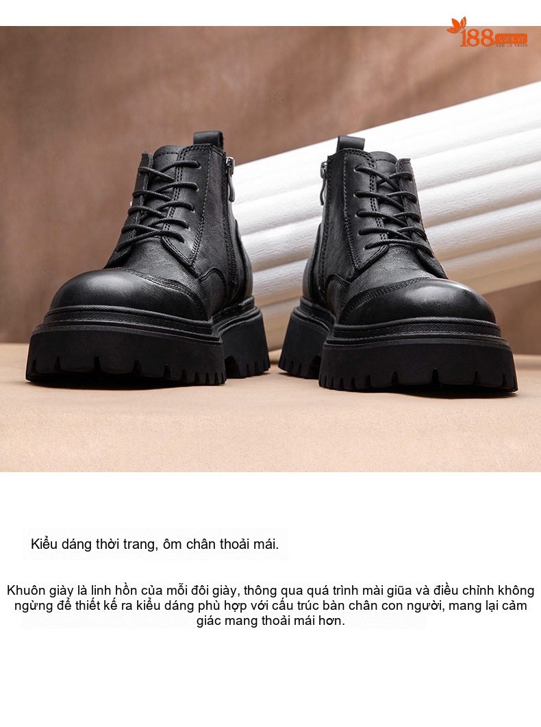 Giày Martin Nam Da Thật Cổ Cao Đế Dày Khoảng 5cm Phong Cách Anh Quốc Màu Đen, Nâu chi tiết 3