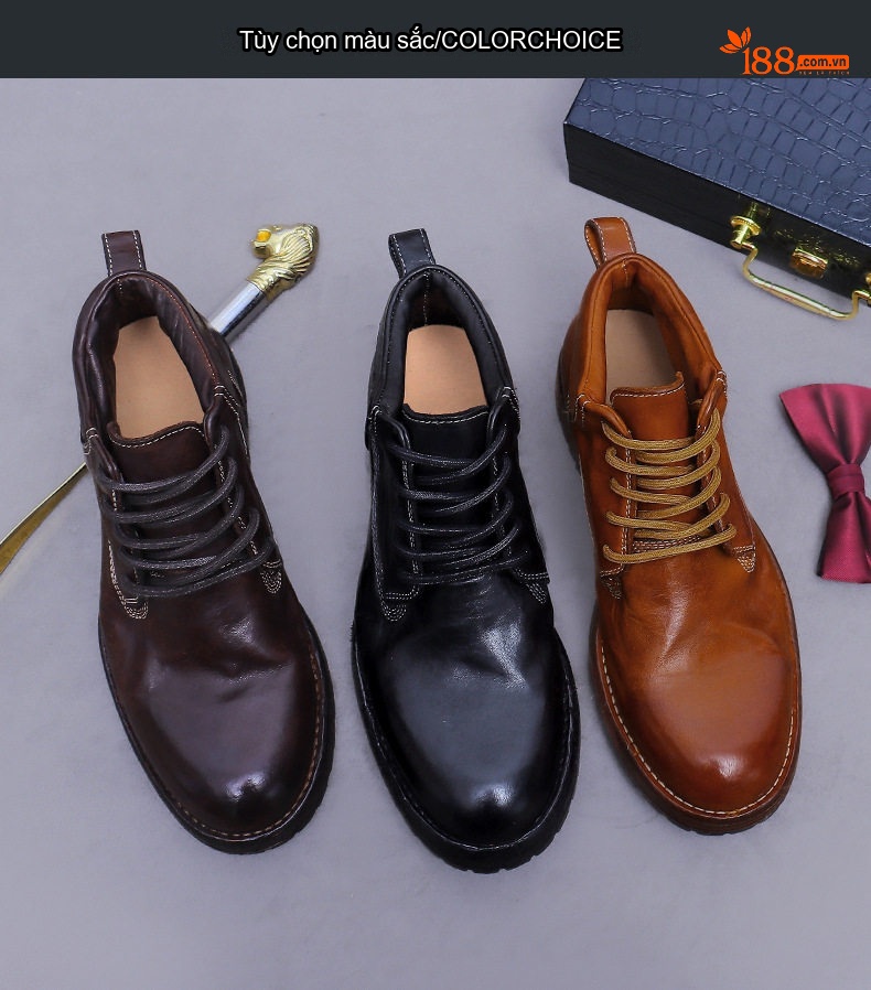 Giày Martin Nam Da Thật Phong Cách Retro Chiều Cao Đế Khoảng 3cm Màu Nâu, Đen chi tiết 2