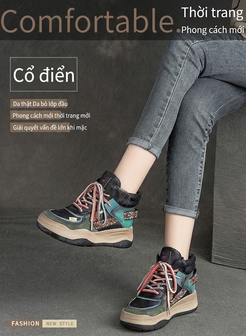Giày Martin Nữ Cao Cổ Dáng Thể Thao Đế Bánh Mì Chiều Cao Đế Khoảng 5cm Màu Xám, Đen, Xanh chi tiết 1