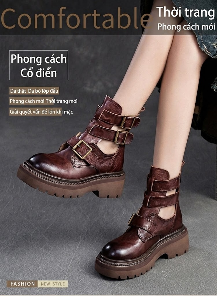 Giày Martin Nữ Cổ Cao Hở Bên Hông Da Mờ Chiều Cao Đế Khoảng 5cm Màu Nâu, Đen chi tiết 2