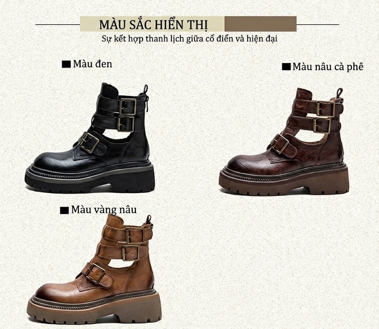 Giày Martin Nữ Cổ Cao Hở Bên Hông Da Mờ Chiều Cao Đế Khoảng 5cm Màu Nâu, Đen chi tiết 3