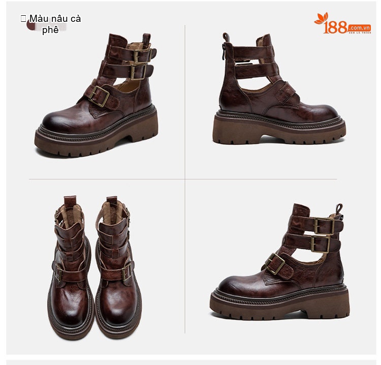 Giày Martin Nữ Cổ Cao Hở Bên Hông Da Mờ Chiều Cao Đế Khoảng 5cm Màu Nâu, Đen chi tiết 19