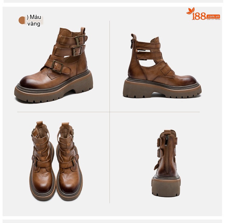 Giày Martin Nữ Cổ Cao Hở Bên Hông Da Mờ Chiều Cao Đế Khoảng 5cm Màu Nâu, Đen chi tiết 20