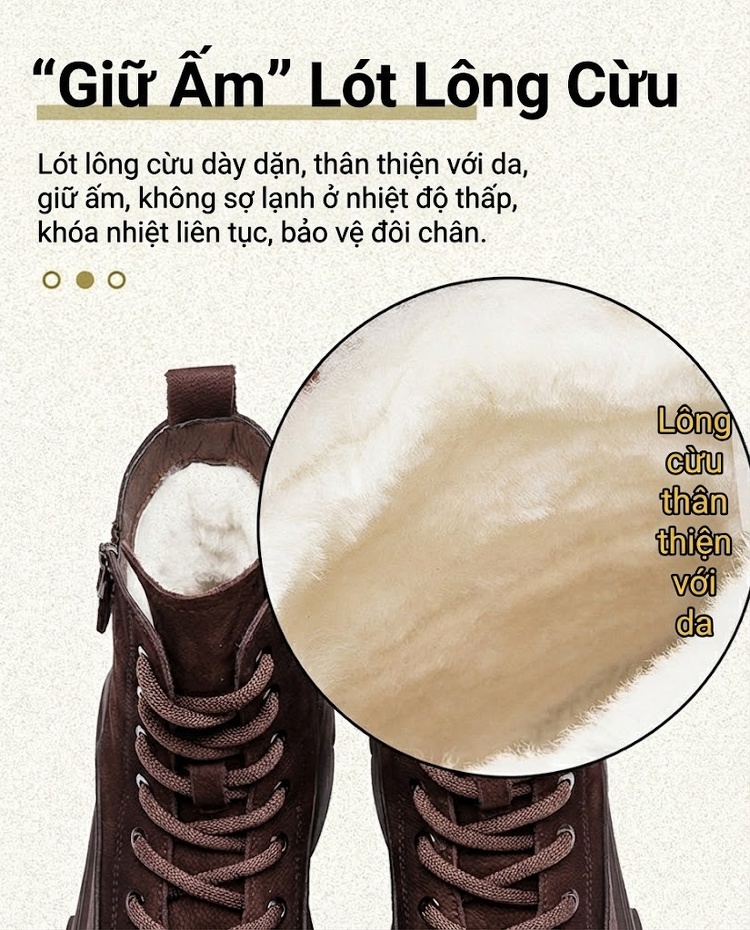 Giày Martin Nữ Cổ Cao Lót Lông Cừu Non Phong Cách Retro Chiều Cao Đế Khoảng 5cm Màu Nâu, Đỏ chi tiết 7