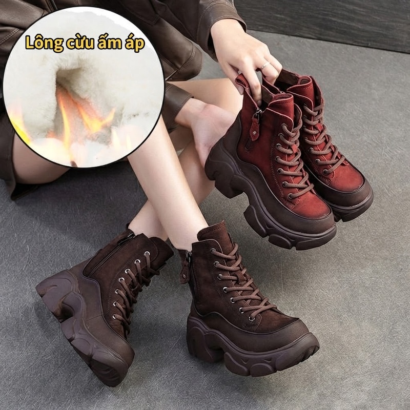Giày Martin Nữ Cổ Cao Lót Lông Cừu Non Phong Cách Retro Chiều Cao Đế Khoảng 5cm Màu Nâu, Đỏ