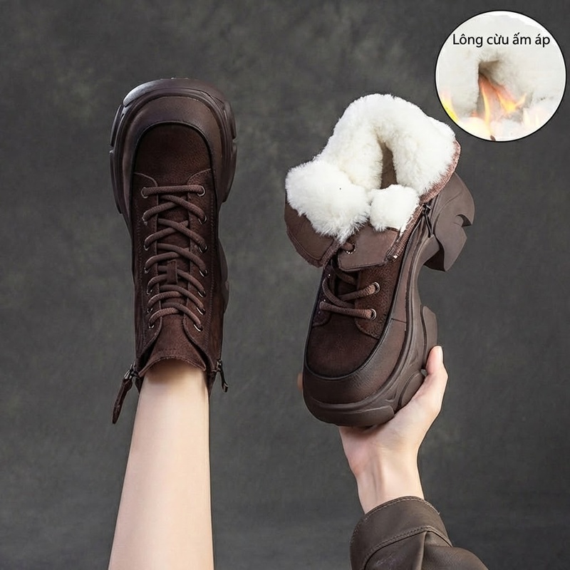 Giày Martin Nữ Cổ Cao Lót Lông Cừu Non Phong Cách Retro Chiều Cao Đế Khoảng 5cm Màu Nâu, Đỏ