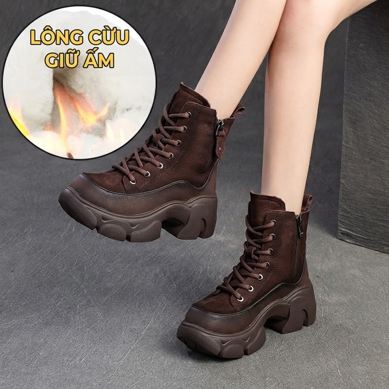 Giày Martin Nữ Cổ Cao Lót Lông Cừu Non Phong Cách Retro Chiều Cao Đế Khoảng 5cm Màu Nâu, Đỏ