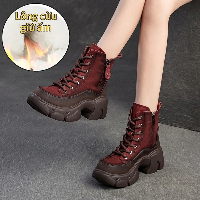 Giày Martin Nữ Cổ Cao Lót Lông Cừu Non Phong Cách Retro Chiều Cao Đế Khoảng 5cm Màu Nâu, Đỏ