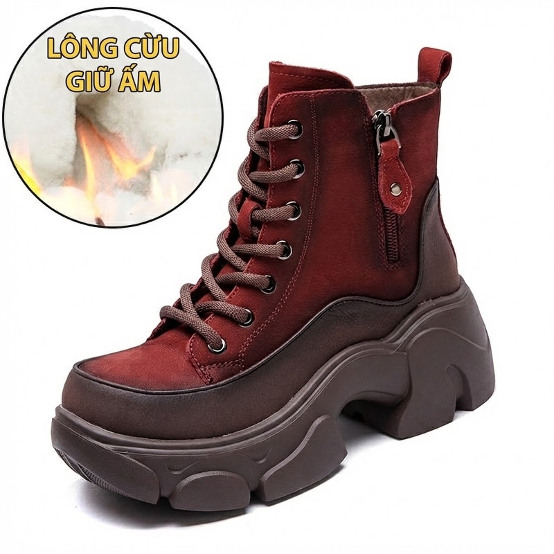 Giày Martin Nữ Cổ Cao Lót Lông Cừu Non Phong Cách Retro Chiều Cao Đế Khoảng 5cm Màu Nâu, Đỏ