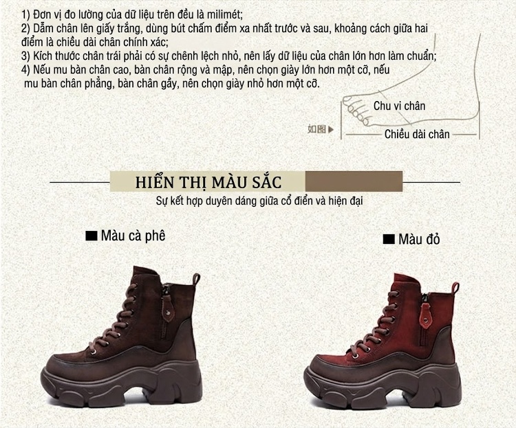 Giày Martin Nữ Cổ Cao Lót Lông Cừu Non Phong Cách Retro Chiều Cao Đế Khoảng 5cm Màu Nâu, Đỏ chi tiết 3