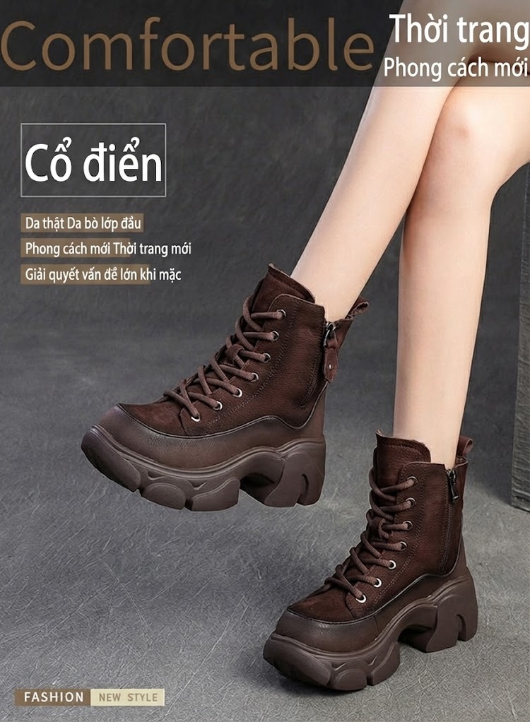 Giày Martin Nữ Cổ Cao Lót Lông Cừu Non Phong Cách Retro Chiều Cao Đế Khoảng 5cm Màu Nâu, Đỏ chi tiết 2