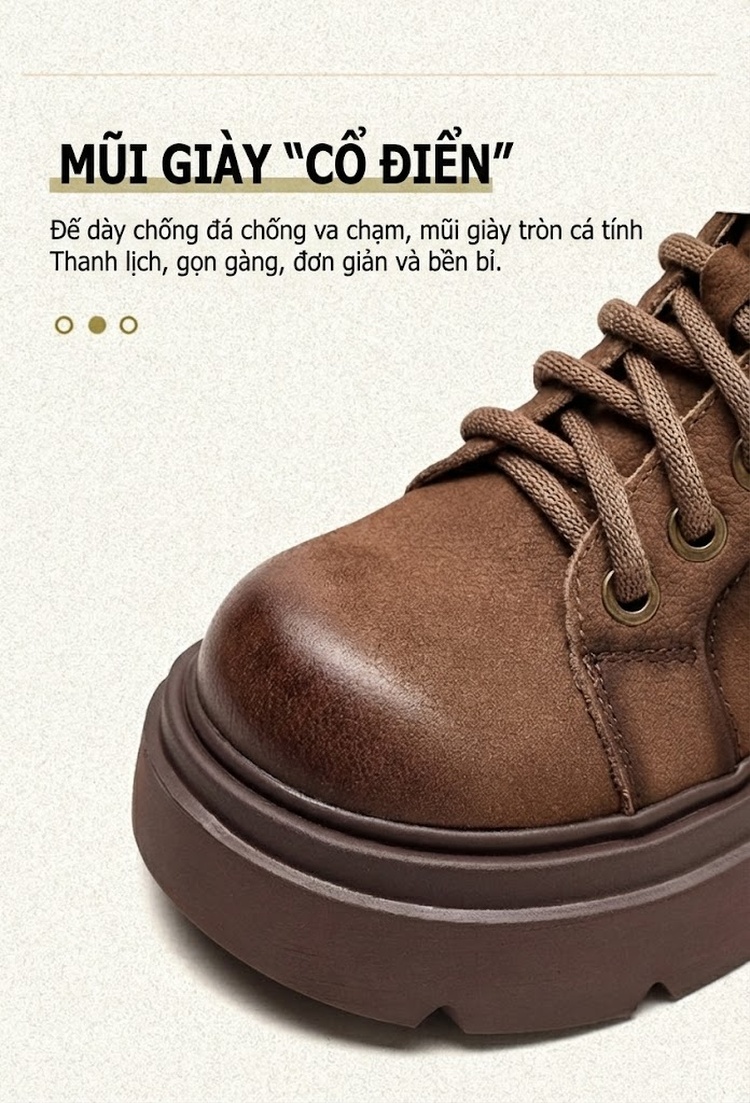 Giày Martin Nữ Cổ Ngắn Da Mờ Buộc Dây Chiều Cao Đế Khoảng 5cm Màu Nâu, Vàng chi tiết 4