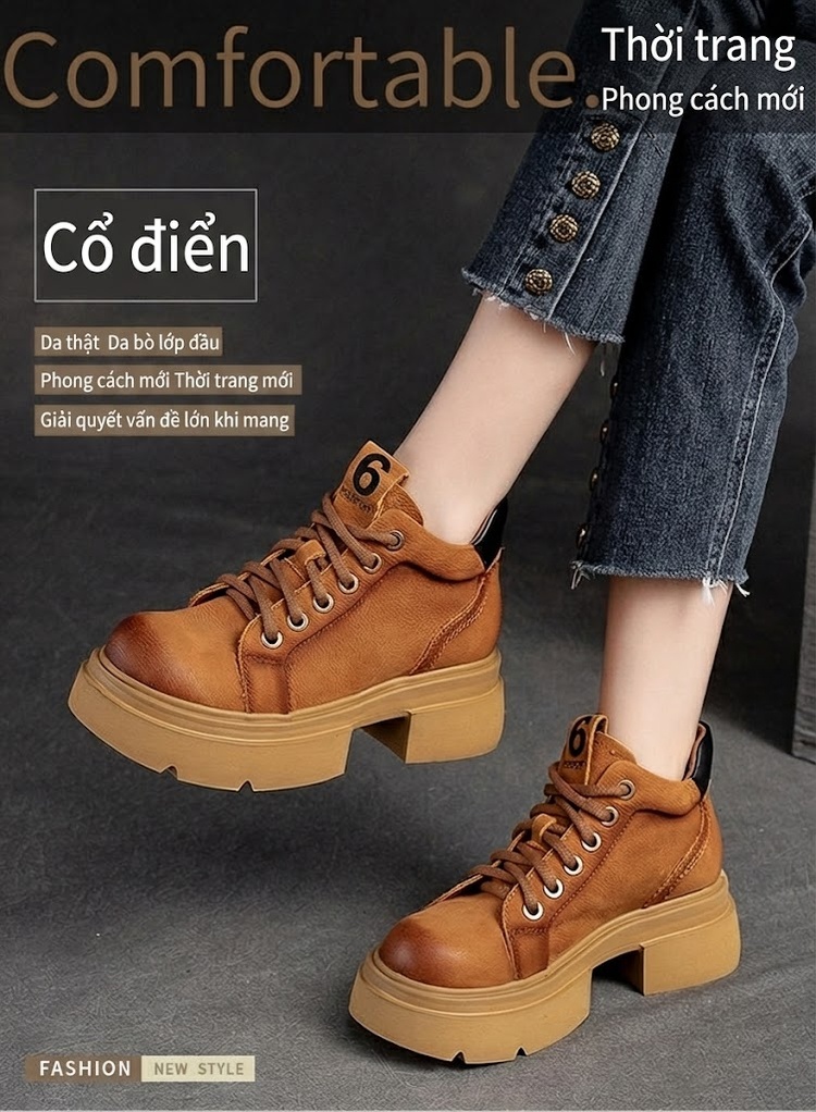 Giày Martin Nữ Cổ Ngắn Da Mờ Buộc Dây Chiều Cao Đế Khoảng 5cm Màu Nâu, Vàng chi tiết 2