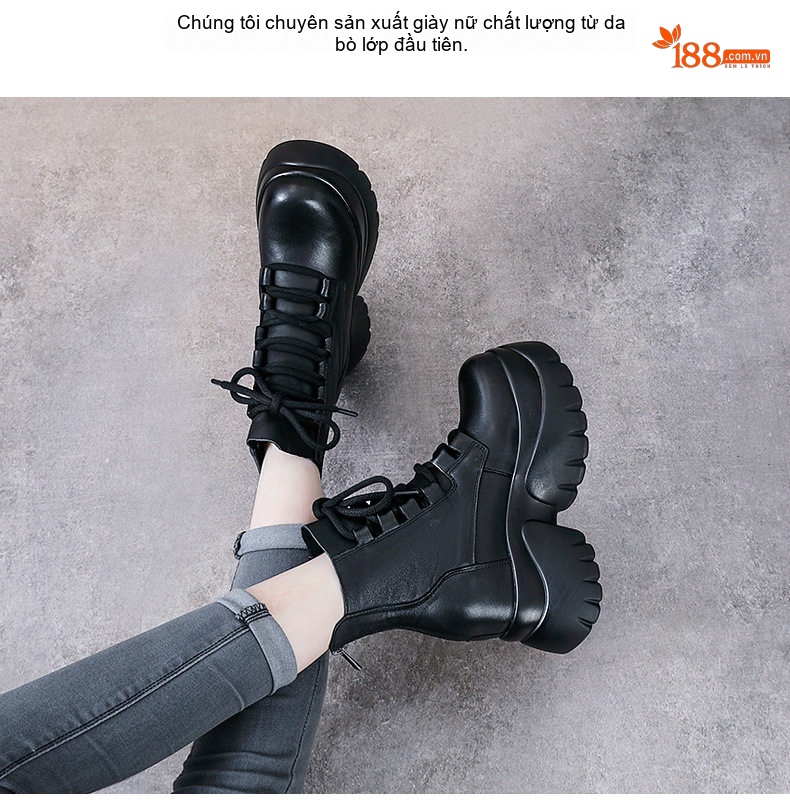 Giày Martin Nữ Da Bò Cao Cổ Dáng Ôm Đế Bánh Mì Chiều Cao Đế Khoảng 6cm Màu Đen, Nâu chi tiết 2