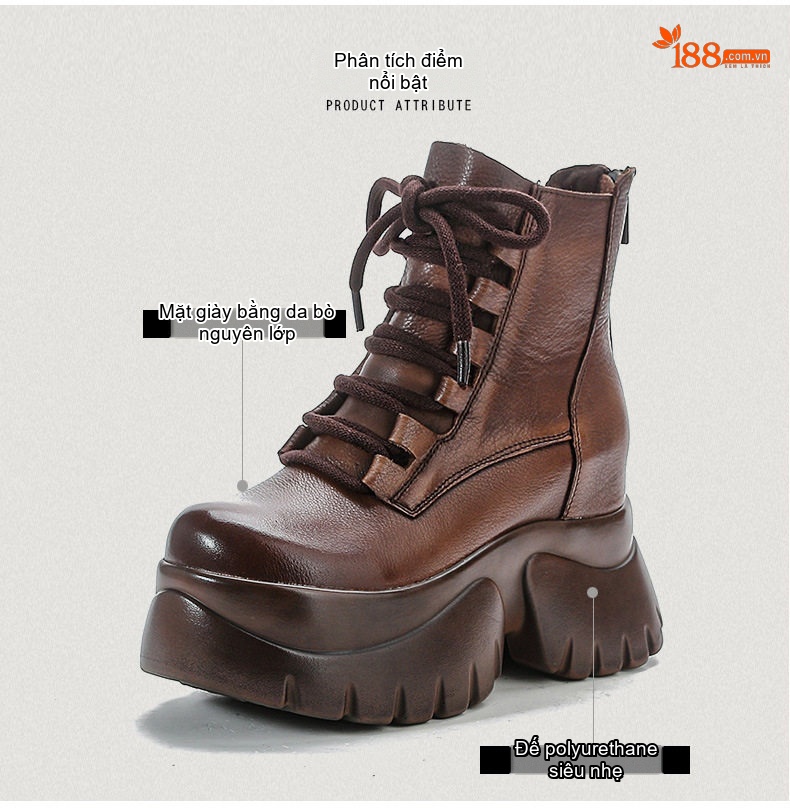 Giày Martin Nữ Da Bò Cao Cổ Dáng Ôm Đế Bánh Mì Chiều Cao Đế Khoảng 6cm Màu Đen, Nâu chi tiết 3