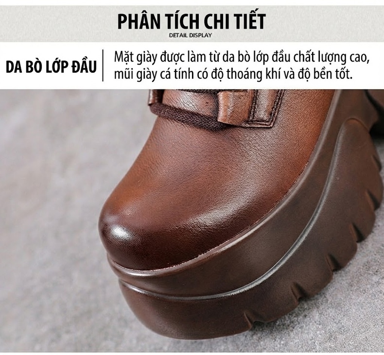 Giày Martin Nữ Da Bò Cao Cổ Dáng Ôm Đế Bánh Mì Chiều Cao Đế Khoảng 6cm Màu Đen, Nâu chi tiết 4