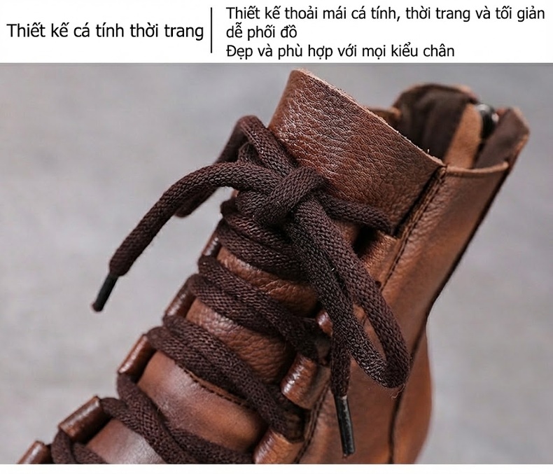 Giày Martin Nữ Da Bò Cao Cổ Dáng Ôm Đế Bánh Mì Chiều Cao Đế Khoảng 6cm Màu Đen, Nâu chi tiết 5