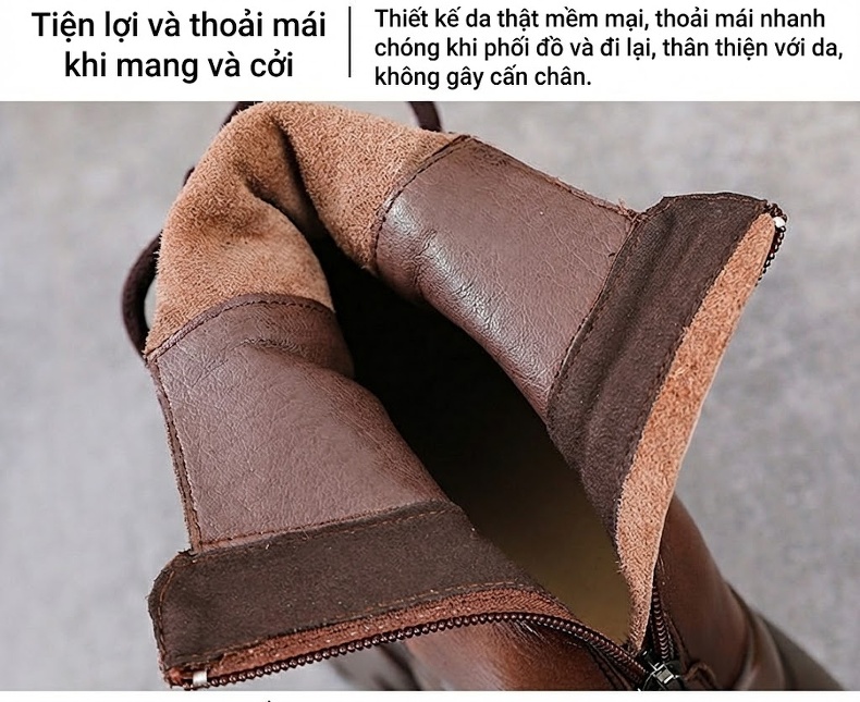 Giày Martin Nữ Da Bò Cao Cổ Dáng Ôm Đế Bánh Mì Chiều Cao Đế Khoảng 6cm Màu Đen, Nâu chi tiết 6