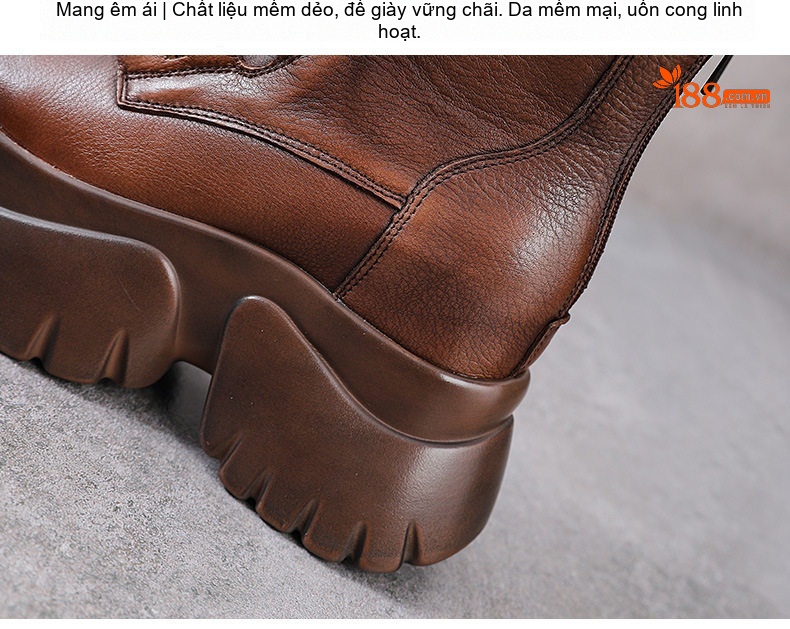 Giày Martin Nữ Da Bò Cao Cổ Dáng Ôm Đế Bánh Mì Chiều Cao Đế Khoảng 6cm Màu Đen, Nâu chi tiết 8