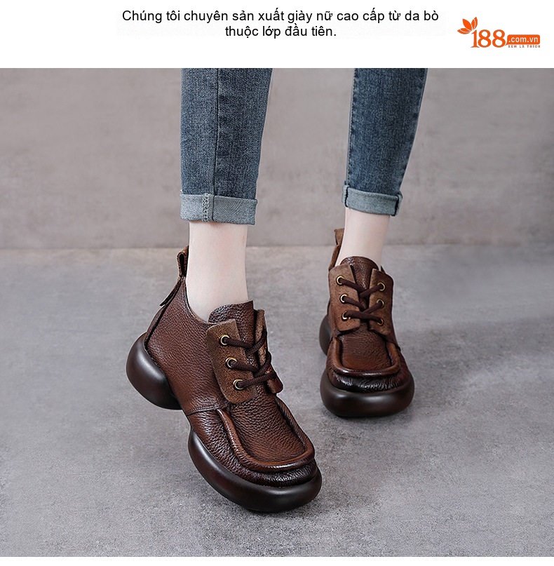 Giày Martin Nữ Da Bò Cổ Cao Buộc Dây Đế Bằng Chiều Cao Đế Khoảng 5cm Màu Nâu, Đen chi tiết 2