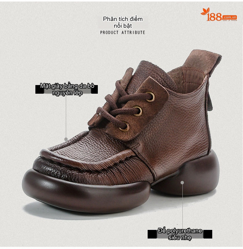 Giày Martin Nữ Da Bò Cổ Cao Buộc Dây Đế Bằng Chiều Cao Đế Khoảng 5cm Màu Nâu, Đen chi tiết 3