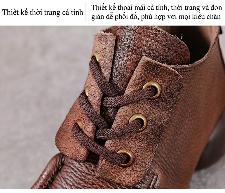 Giày Martin Nữ Da Bò Cổ Cao Buộc Dây Đế Bằng Chiều Cao Đế Khoảng 5cm Màu Nâu, Đen chi tiết 5