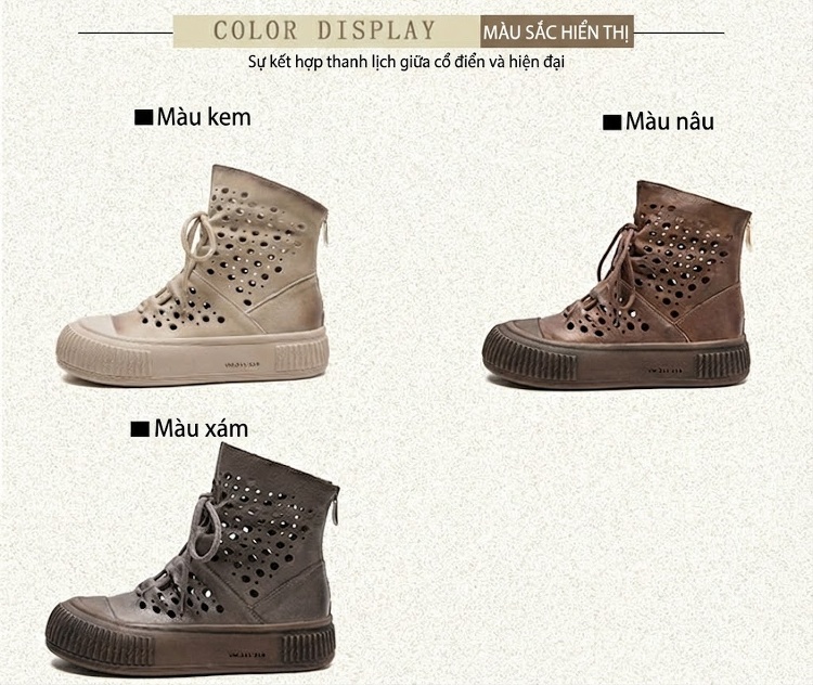 Giày Martin Nữ Da Bò Cổ Cao Dây Buộc Lưới Thoáng Khí Chiều Cao Đế Khoảng 4cm Màu Nâu chi tiết 2