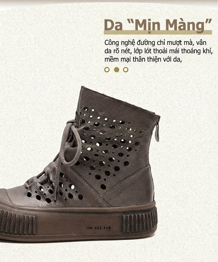 Giày Martin Nữ Da Bò Cổ Cao Dây Buộc Lưới Thoáng Khí Chiều Cao Đế Khoảng 4cm Màu Nâu chi tiết 3