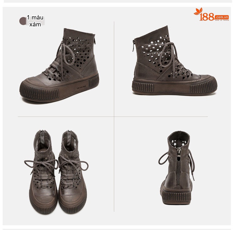 Giày Martin Nữ Da Bò Cổ Cao Dây Buộc Lưới Thoáng Khí Chiều Cao Đế Khoảng 4cm Màu Nâu chi tiết 19