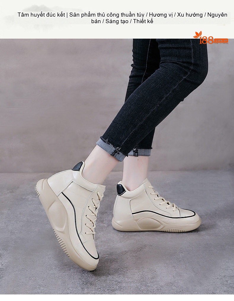 Giày Martin Nữ Da Bò Cổ Cao Đế Bánh Mì Chiều Cao Đế Khoảng 5cm Màu Kem, Đen chi tiết 1