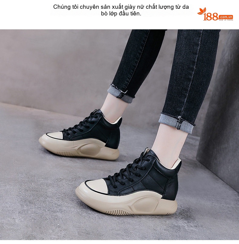 Giày Martin Nữ Da Bò Cổ Cao Đế Bánh Mì Chiều Cao Đế Khoảng 5cm Màu Kem, Đen chi tiết 2