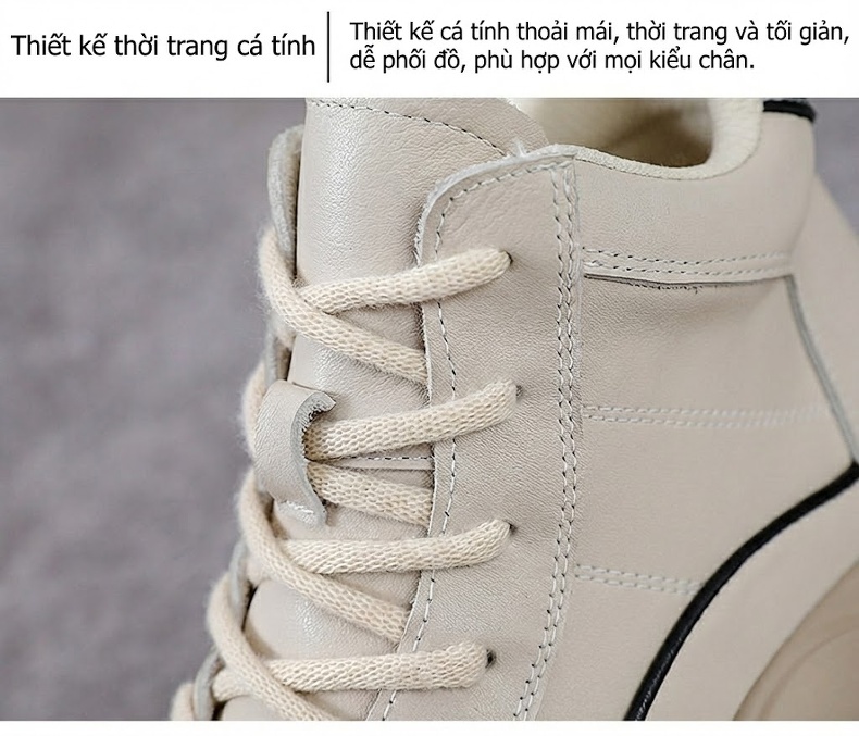 Giày Martin Nữ Da Bò Cổ Cao Đế Bánh Mì Chiều Cao Đế Khoảng 5cm Màu Kem, Đen chi tiết 5