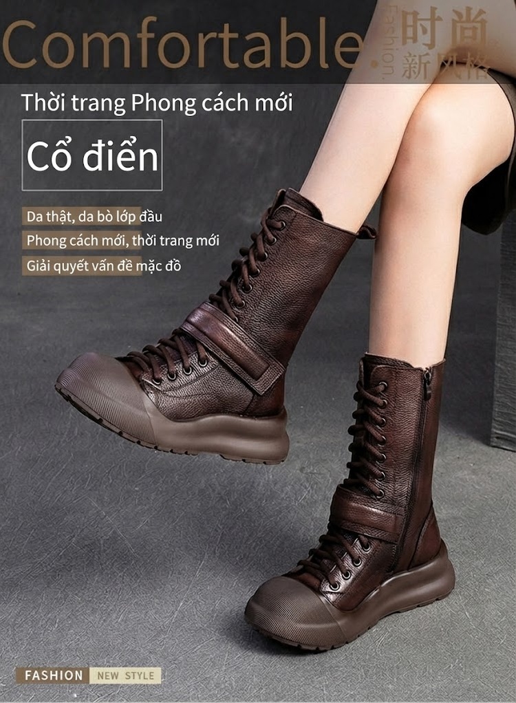 Giày Martin Nữ Da Bò Cổ Cao Ôm Chân Chiều Cao Đế Khoảng 4cm Màu Đen, Nâu chi tiết 2