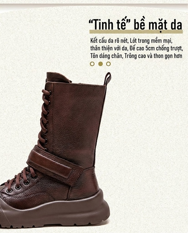 Giày Martin Nữ Da Bò Cổ Cao Ôm Chân Chiều Cao Đế Khoảng 4cm Màu Đen, Nâu chi tiết 3