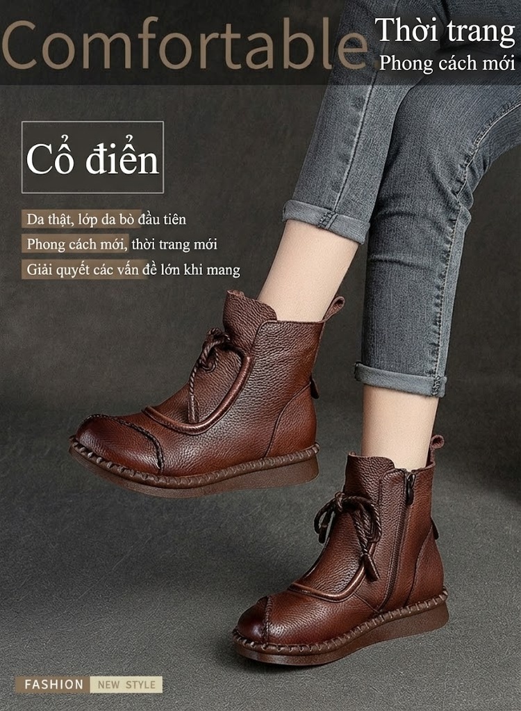 Giày Martin Nữ Da Bò Cổ Lửng Erased Màu Đen, Nâu Chiều Cao Đế Khoảng 2cm chi tiết 2