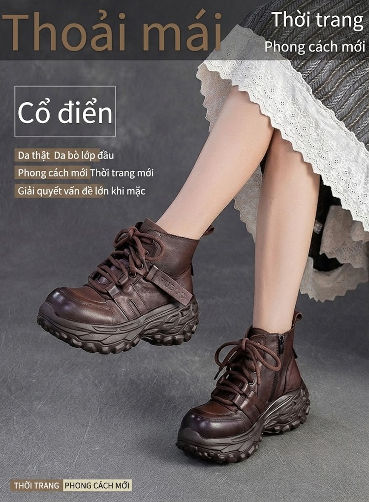 Giày Martin Nữ Da Bò Cổ Ngắn Buộc Dây Chiều Cao Đế Khoảng 5cm Màu Đen, Nâu chi tiết 1