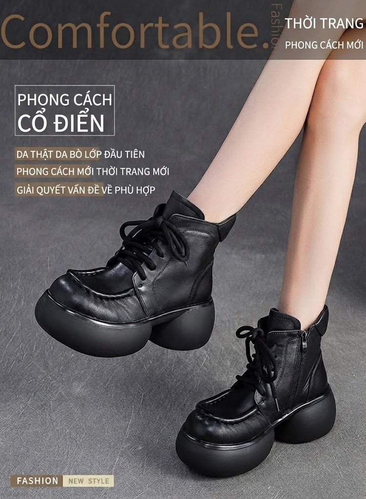 Giày Martin Nữ Da Bò Cổ Ngắn Đế Cao Khoảng 6cm Phong Cách Anh Quốc Màu Đen, Nâu chi tiết 1