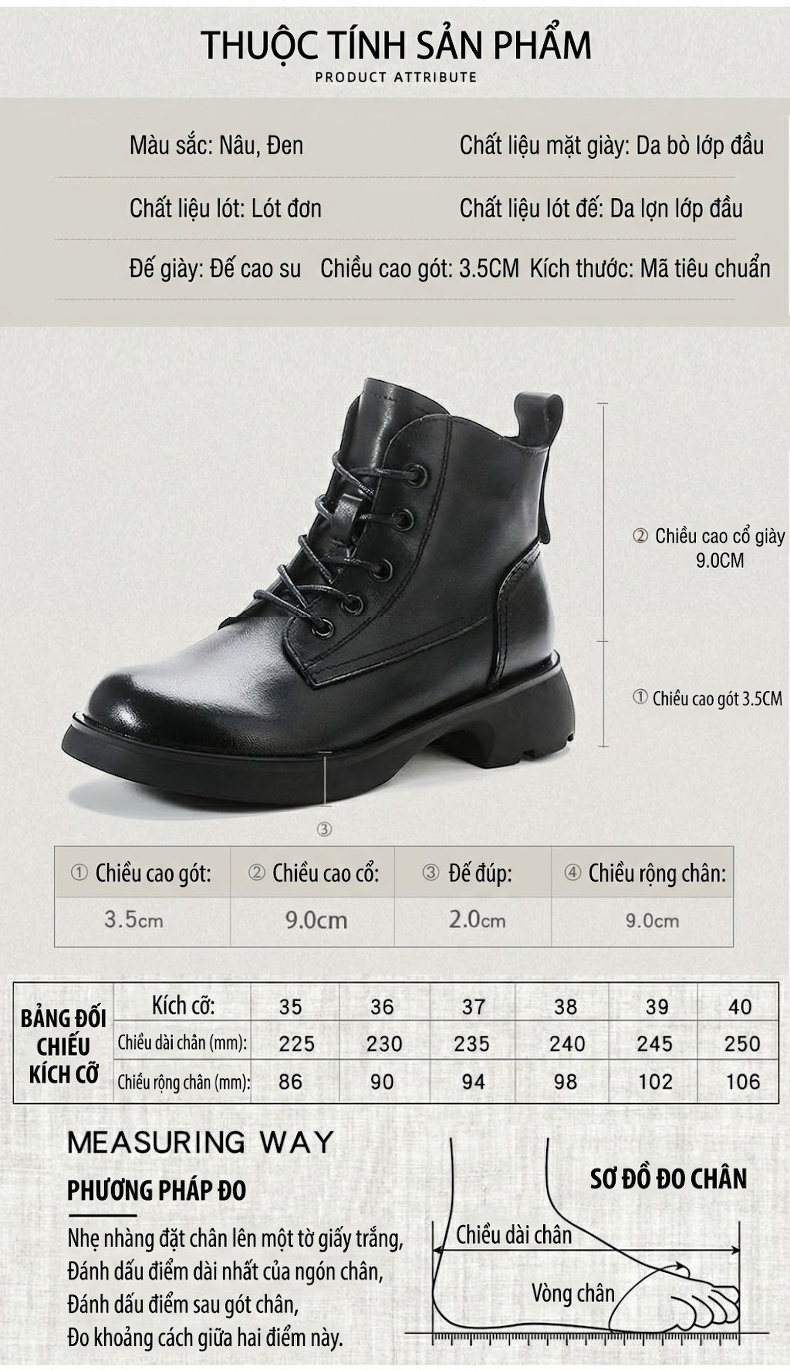 Giày Martin Nữ Da Bò Cổ Ngắn Khóa Kéo Phong Cách Anh Quốc Chiều Cao Đế Khoảng 3cm Màu Nâu, Đen chi tiết 4