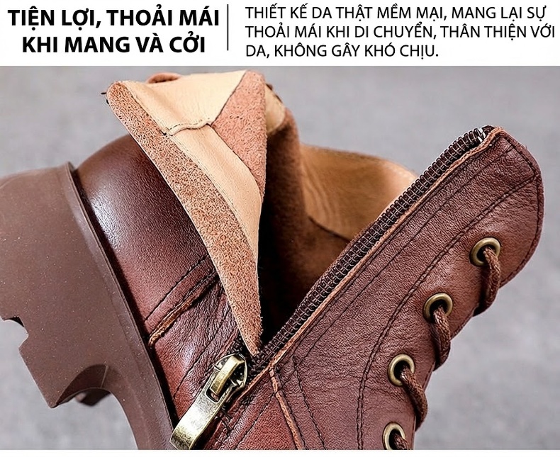 Giày Martin Nữ Da Bò Cổ Ngắn Khóa Kéo Phong Cách Anh Quốc Chiều Cao Đế Khoảng 3cm Màu Nâu, Đen chi tiết 7