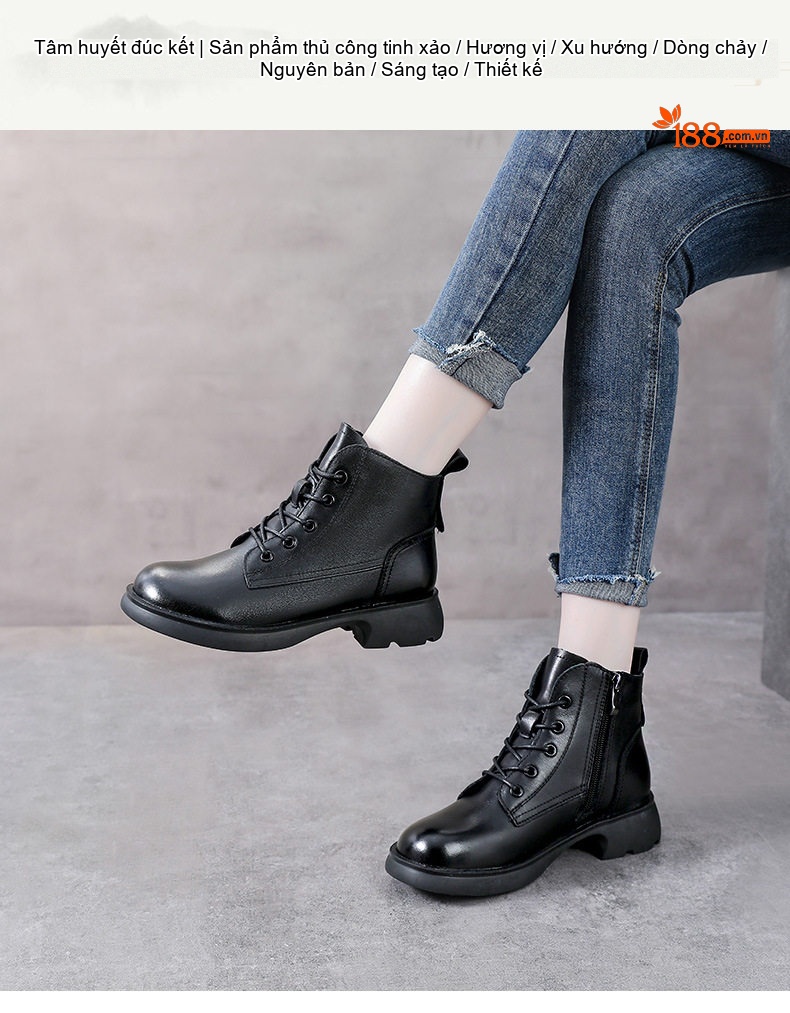 Giày Martin Nữ Da Bò Cổ Ngắn Khóa Kéo Phong Cách Anh Quốc Chiều Cao Đế Khoảng 3cm Màu Nâu, Đen chi tiết 1