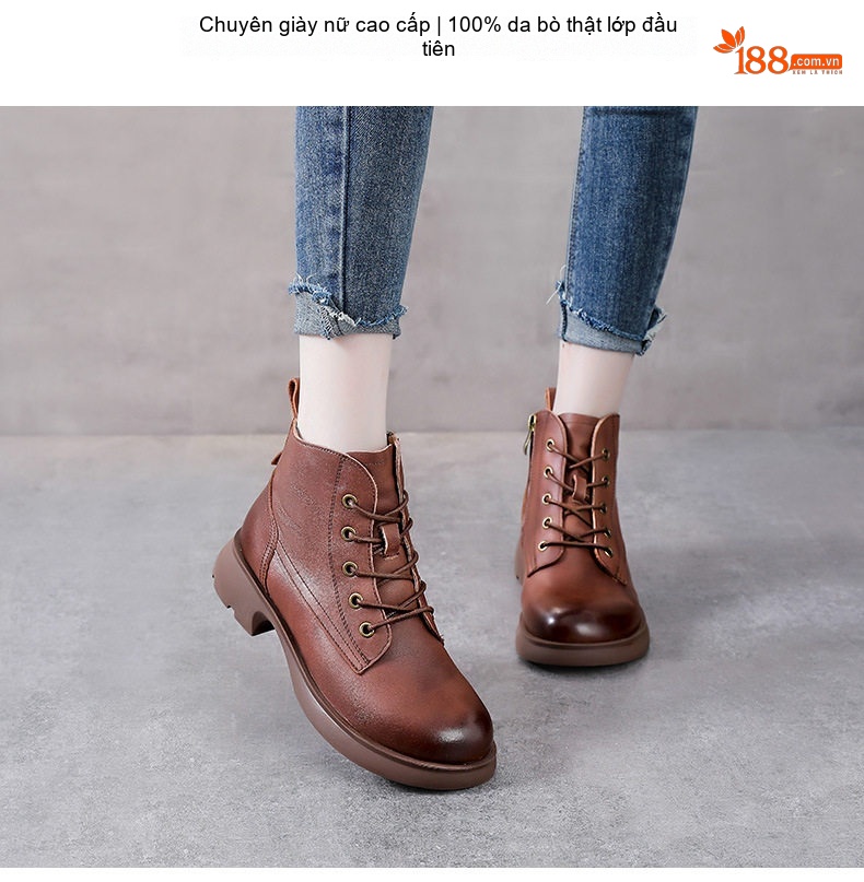 Giày Martin Nữ Da Bò Cổ Ngắn Khóa Kéo Phong Cách Anh Quốc Chiều Cao Đế Khoảng 3cm Màu Nâu, Đen chi tiết 2