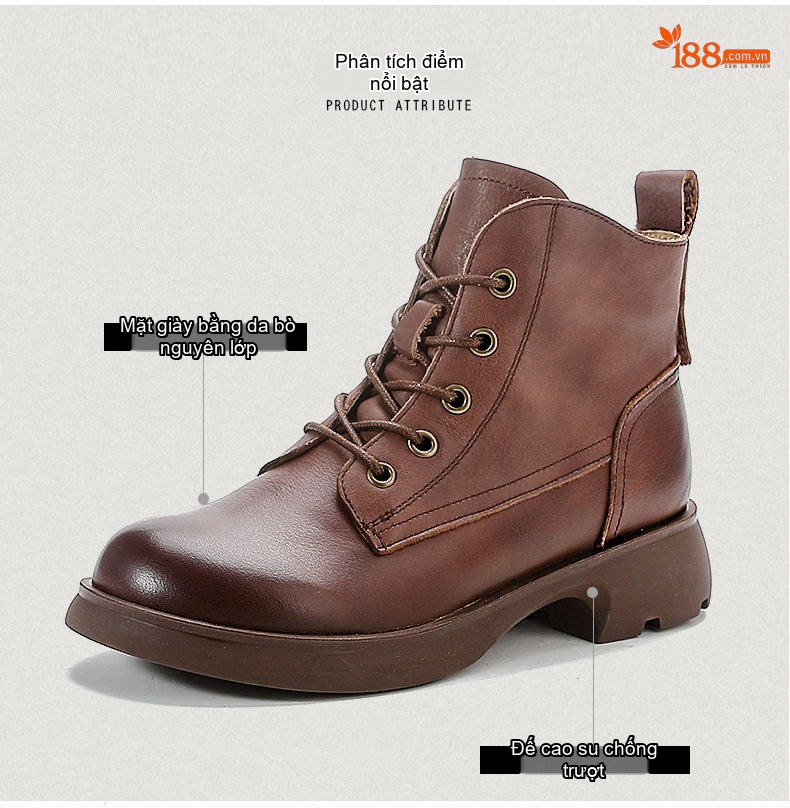 Giày Martin Nữ Da Bò Cổ Ngắn Khóa Kéo Phong Cách Anh Quốc Chiều Cao Đế Khoảng 3cm Màu Nâu, Đen chi tiết 3