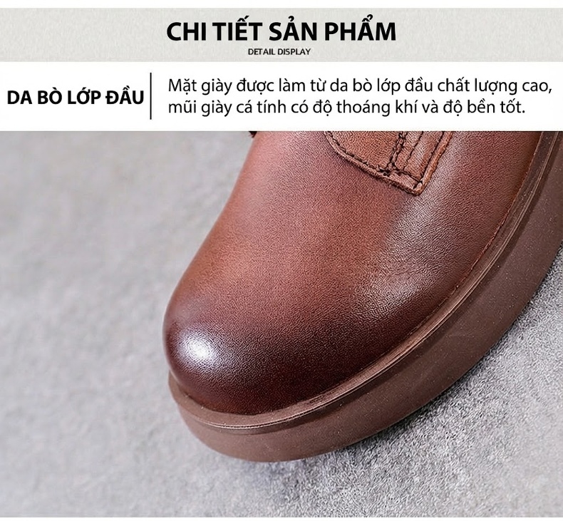 Giày Martin Nữ Da Bò Cổ Ngắn Khóa Kéo Phong Cách Anh Quốc Chiều Cao Đế Khoảng 3cm Màu Nâu, Đen chi tiết 5