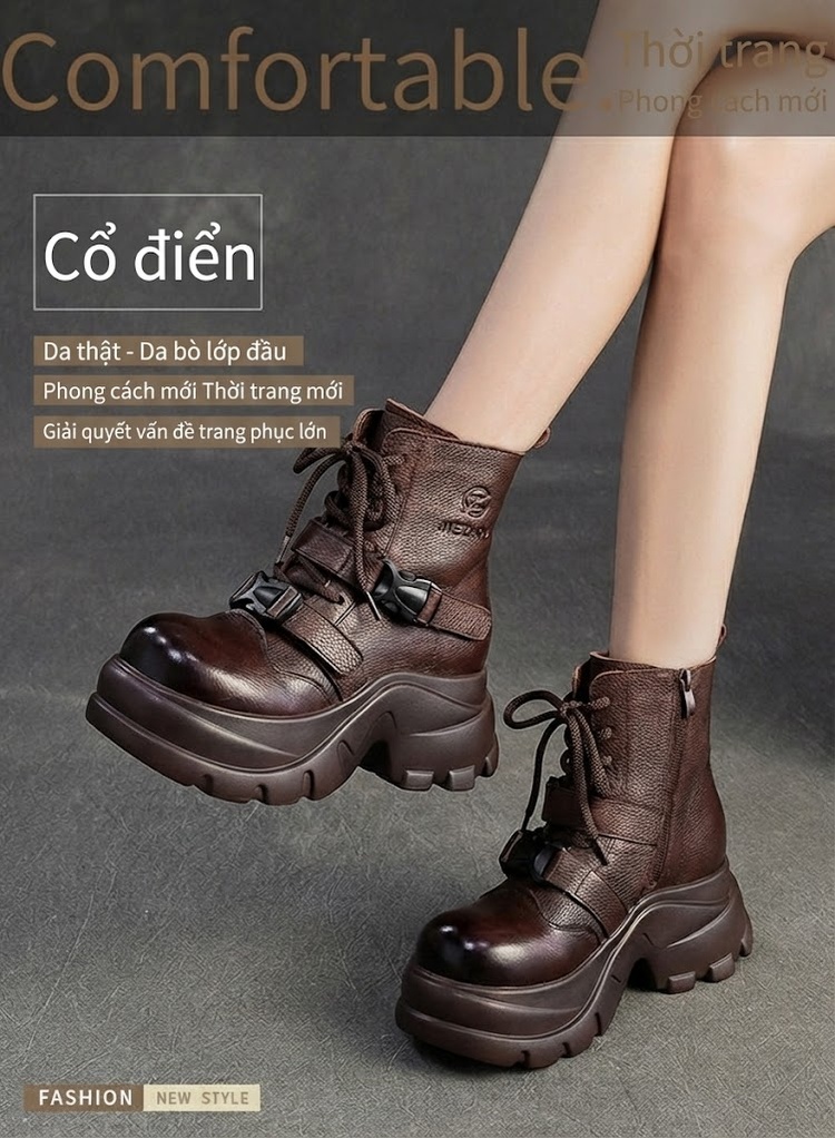 Giày Martin Nữ Da Bò Cổ Ngắn Phong Cách Anh Chiều Cao Đế Khoảng 6cm Màu Đen, Nâu chi tiết 2